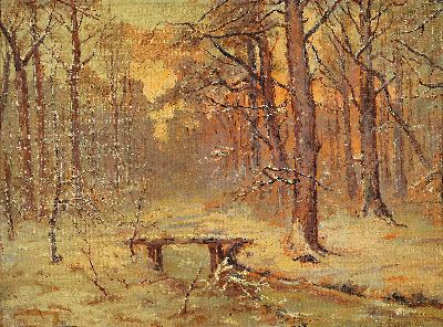 Johanna Schmidt, geb. 1893 Würsen, Studium an der Akademie Leipzig, war ansässig in Erfurt, hier: verschneiter Winterwald im Abendrot, ...