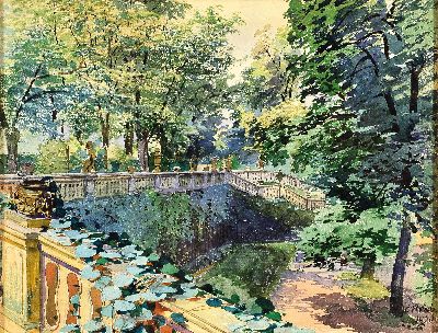Carl Nebel, geb. 1865, Parkterrassen in Frankfurt, Gouache auf Papier, rechts unten sign. und dat. 1920, ca. 24x31cm, u.Gl., R. ca. 32x40cm