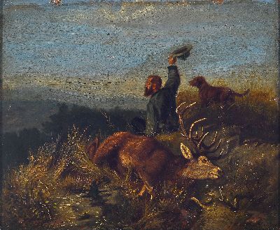 Zuschreibung: Hermann Joseph Havenith, Jäger neben einem erlegten Hirsch, seinen Kollegen ein Zeichen gebend, Öl/Holz, rechts unten sign., dat. ...