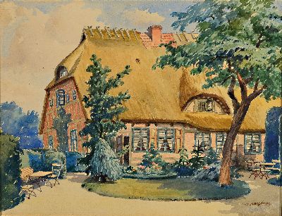 August Bechter, 1889-1965 Bad Kreuznach, Blick auf ein Bauernhaus, Aquarell auf Papier,rechts unten sign., ca. 22x29cm, u.Gl., R. ca.28x34cm