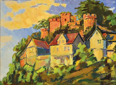 Rudolf Karpenstein, 1892-1974 Idar-Oberstein, Burg Daun, Kellenbachtal, Hunsrück, Öl/Tempera auf Papier, rechts unten sign., ca. 39x52cm, u.Gl., R. ...