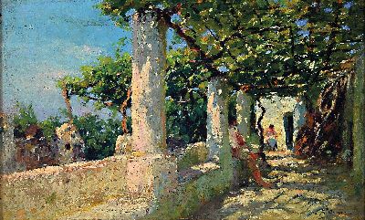 Arturo Cerio, 1868-1931, Italien, Personen auf einer beschatteten Terrasse, Öl/Holz, rechts unten signiert, ca. 24x40cm, R. ca. 34x50cm
