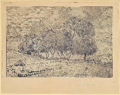 Hans Thoma, 1839 Bernau-1924 Karlsruhe, Landschaft mit Brunnen, Radierung von 1897, handsigniert, ca. 14.5x22cm, u.Gl., R. ca. 32x39cm
