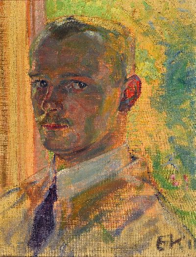 Monogrammist EK, datiert (19)11, Porträt eines Mannes, evtl. der Künstler selbst, vor dem Fenster, den Betrachter anschauend, moderne Auffassung, ...
