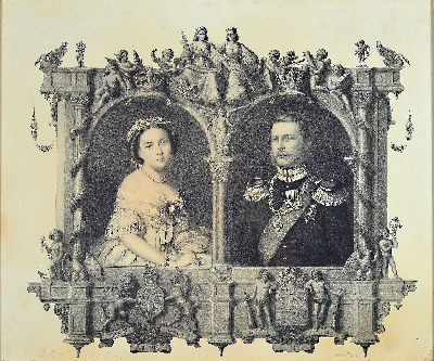 Lithographie zur Hochzeit des deutschen Kronprinzen Friedrich Wilhelm mit seiner Frau Kronprinzessin Victoria 1858, Doppelporträt in ...