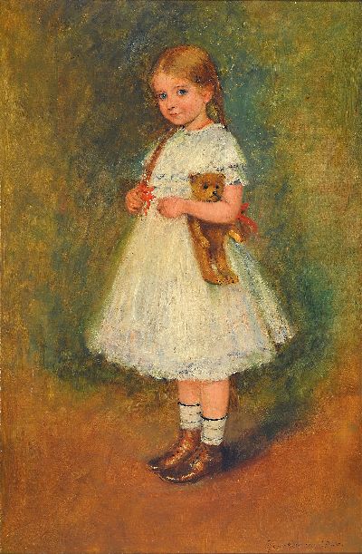 Carl Plückebaum, 1880-1952 Düsseldorf, Ganzporträt eines Mädchens, wohl seiner Tochter mit Teddy Bär, Öl/Holz, rechts unten signiert und dat. ...