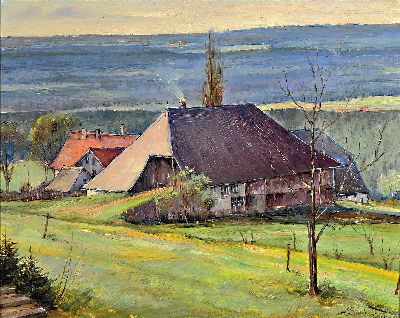 Max Flechsig, Maler aus Mülheim/Ruhr, 20. Jh., Blick auf ein Bauernhaus, Öl/Hartfaser, rechts unten sign. und dat. 1969, ca. 48x60cm, R. ca. 60x72cm