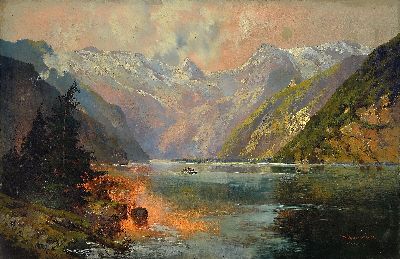 Theodor Otto Michael Guggenberger, 1866-1929 München, Partie am Königsee, mittig Ruderer, im Hintergrund St. Bartholomä, Öl/Lwd, rest., rechts ...