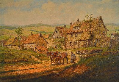 Karl Luckhardt, 1886-1970 Frankfurt am Main, Blick auf ein Dorf mit Fachwerkhäusern, Fuhrwerken und arbeitenden Menschen, Öl/Lwd, rechts unten ...
