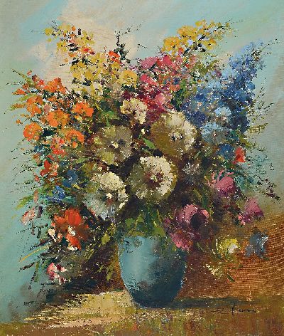 Ewald Hess, 1918 Merbelsrod-1995, Üppiges Blumenstillleben, Öl/Lwd, rechts unten sign., ca. 70x60cm, R. ca. 80x70cm
