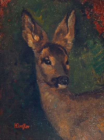 Hans Dressler, 1869-1943 Breslau, en face-Bildnis eines Rehs, gute Wiedergabe der Stofflichkeit des Fells, links unten signiert, Öl/Karton, 44x33cm, ...