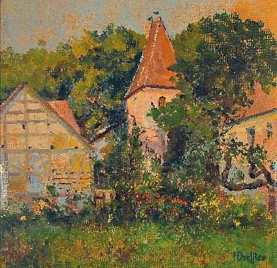 Hans Dressler, 1869-1943 Breslau, Dorfansicht mit markantem Kirchenbau, verso datiert 1938, rechts unten signiert, Öl/Holzplatte, 36x36, Rahmen ...