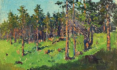 Hans Dressler, 1869-1943 Breslau, Waldhang mit Fichten in Sonnenlicht, rechts unten signiert, Öl/Lwd auf Karton doubliert (wellig), 25x40 cm, Rahmen ...