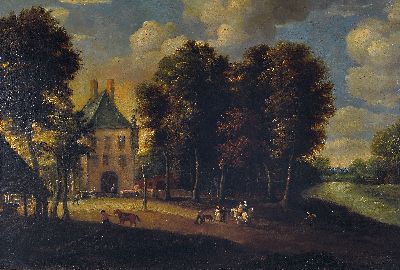 Zuschreibung: Meindert Hobbema, 1638-1709 Amsterdam, Personen auf einem Platz vor einem herrschaftlichen Haus mit Baumbestand, Öl/Lwd, rest., ...