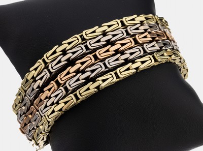 Massives 14 kt Gold Armband, GG/WG/RG 585/000, 5-rhg. Königskettenmuster, B. ca. 2.5cm, L. ca. 19 cm, Kastenschloss mit 2 Sicherheitsachten, ca. ...