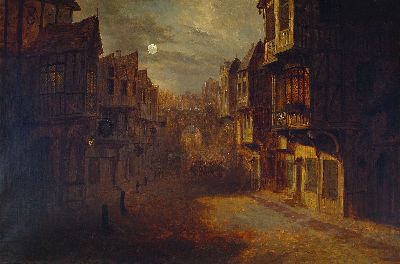 Frank Hinder, englischer Maler, 1861-1933, Vollmond über einer Londoner Straßenszene, mittig Menschen mit Fackeln, Öl/Lwd, rest., doubl., rechts ...