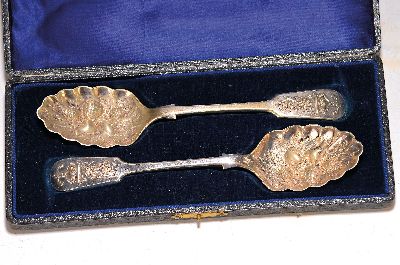 Paar Vorlegelöffel, Schottland, 19.Jh., versilbert, Meistermarke JB & S, Reliefdekor mit Früchten, ca. 145g, im Etui