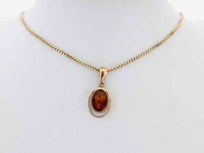 9 kt Gold Bernstein-Anhänger, GG 375/000, an Kette, GG 585/000, L. ca. 49 cm, Federringschließe, ca. 10.1 g