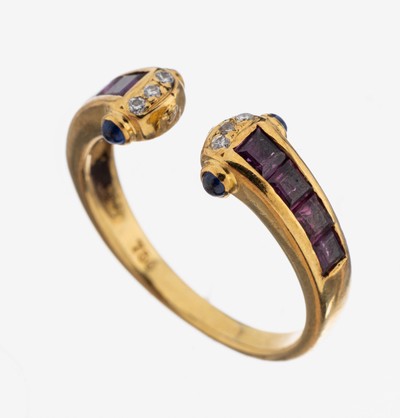 18 kt Gold Farbstein-Brillant-Ring, GG 750/000, offen gearbeitet, 8 Rhodolith-Carreeszus. ca. 0.20 ct, 6 Brillanten zus. ca. 0.03 ct feines ...