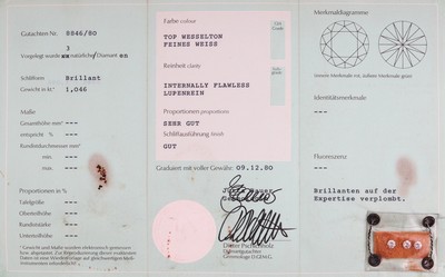 3 lose Brillanten, zus. 1.046 ct feines Weiß/lr, verplombt, mit Zertifikat