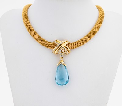 18 kt Gold Brillant-Aquamarin-Opal-Collier, GG/WG 750/000, Einzelanfertigung eines renommierten Idar-Obersteiner Goldschmieds, Strickcollier, bewegl. ...