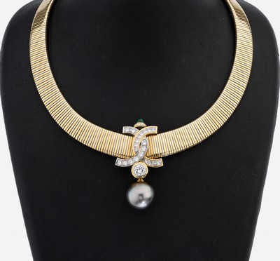 18 kt Gold und Platin Diamant-Perl-Smaragd- Collier, GG 750/000 und Platin, Einzelanfertigung eines renommierten Idar- Obersteiner Goldschmieds, ...