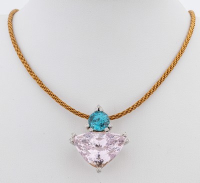 18 kt Gold Morganit-Zirkon-Brillant-Anhänger, GG/WG 750/000, Einzelanfertigung eines renommierten Idar-Obersteiner Goldschmieds, facett. ...