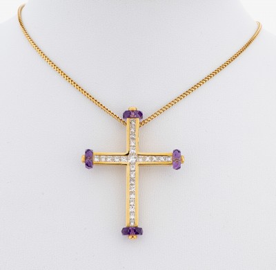 18 kt Gold Amethyst-Diamant-Kreuzanhänger, GG 750/000, Einzelanfertigung eines renommierten Idar-Obersteiner Goldschmieds, 4 facett. Amethyste zus. ...
