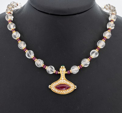 18 kt Gold Rubin-Brillant-Bergkristall -Collier, GG 750/000, Einzelanfertigung eines renommierten Idar-Obersteiner Goldschmieds, Mittelteil mit ...