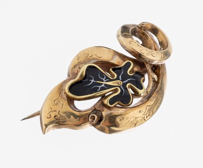 14 kt Gold Biedermeier Brosche, um 1860, GG585/000, geschwungen, part. schwarz emailliert, hohl gearbeitet, ca. 5.0 g