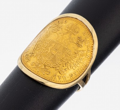 14 kt Gold Münz-Ring, GG 585/000, Ringkopf aus gebogener Goldmünze, 1 Dukat, Österreich- Ungarn, 1915, offizielle Nachprägung, RW 53, ca. 5.4 g