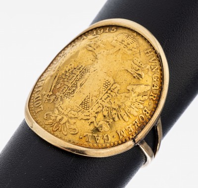 14 kt Gold Münz-Ring, GG 585/000, Ringkopf gebogene Goldmünze, 1 Dukat, Österreich- Ungarn, 1915, offizielle Nachprägung, RW 54, ca. 4.7 g