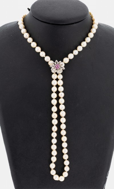 14 kt Gold Rubin-Kettenverkürzer, GG 585/000, florale Gestaltung, 7 kl. rundfacett.Rubine, ca. 3.7 g, dazu 1 Zuchtperl-Collier, endlos, unrunde ...