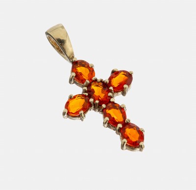 14 kt Gold Feueropal-Kreuzanhänger, GG 585/000, 6 ovalfacett. Feueropale zus. ca. 0.30 ct, ca. 2.3 x 1.2 cm, ca. 1.3 g