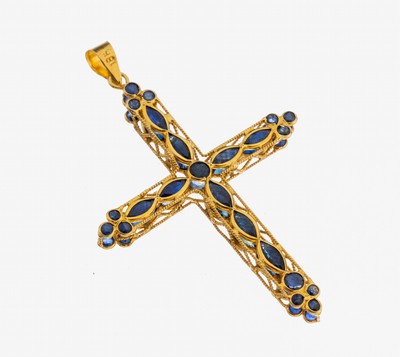 18 kt Gold Saphir-Kreuzanhänger, GG 750/000, filigrane Ausführung, 28 rundfacett. Saphire und 18 Saphirnavettes zus. ca. 0.70 ct, ca. 4.5 x 3 cm, ...