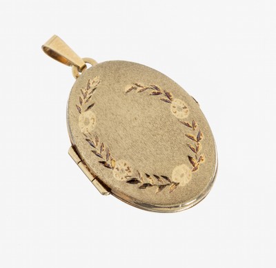 14 kt Gold Medaillon-Anhänger, GG 585/000, Vorderseite sat. und floral grav., ca. 3.6 x 2.2 cm, ca. 4.6 g