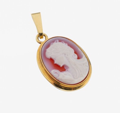 14 kt Gold Kamee-Anhänger, GG 585/000, ovale Lagenstein-Kamee, Darstellung einer jungen Dame im Profil, schlichte Fassung, ca. 1.9 x 1.5 cm, ca. ...