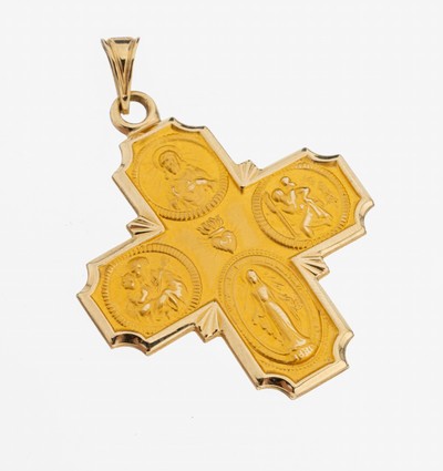 14 kt Gold Kreuzanhänger, GG 585/000, polierte Randfassung mattierte Bildfläche, 4 Heiligendarstellungen, Jesus, heiliger Christopherus, Maria mit ...