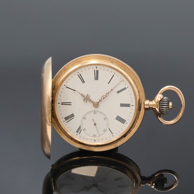 IWC Herrensavonette in RG 585/000 mit Kaliber 53, Schweiz um 1898, guill. 3-Deckel Goldgeh. dell., Sprungdeckel m. Monogrammspiegel, Emailzifferbl. ...
