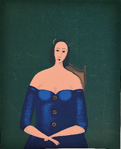 Brank Bahunek, geb. 1935 Zagreb, kroatischer Künstler, Farblithographie, sitzende Frau inblauem Kleid, Ed. VII/XXX, handsigniert, leichte ...