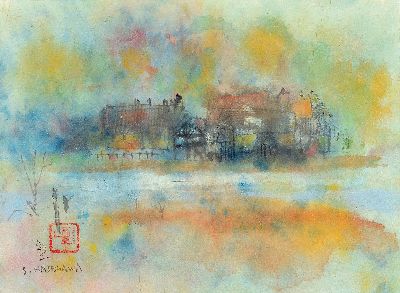 Shoichi Hasegawa, 1929 Yaizu-2023 Paris, Aquarell, Stadtlandschaft, links unten signiert und gestempelt, Blatt 17x23 cm, unter Glas gerahmt 26x33 cm