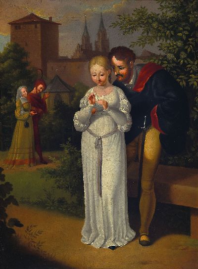 Zuschreibung: Moritz Retzsch, 1779 Dresden-1857 Radebeul, Liebesglück, junges Paar, er beobachtet, wie sie die Blütenblätter eines ...