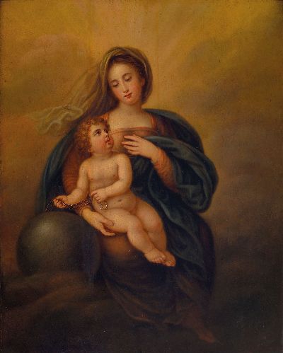 Anton Zeller, 1760 bis ca. 1840, Maria Mutter Gottes mit dem Christusknaben, der an einer Kette eine große Kugel hält, Öl/Holz, ehemals zwei ...