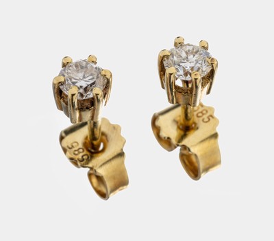Paar 14 kt Gold Brillant-Ohrstecker, GG 585/000, 2 Brillanten zus. ca. 0.30 ct Weiß/vs-si