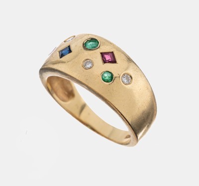 14 kt Gold Rubin-Smaragd-Saphir-Brillant-Ring, GG 585/000, 1 Rubin-Carree und 1 rundfacett. Rubin zus. ca. 0.10 ct, 2 rundfacett. Smaragde zus. ca. ...
