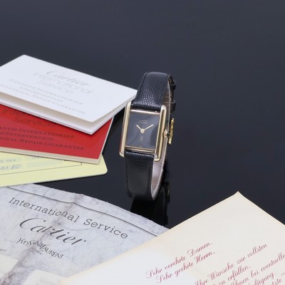 CARTIER Tank Damenarmbanduhr in vergoldeten Sterlingsilber-Gehäuse, Handaufzug, rechteck. Geh. seitl. 4-fach verschr., schwarzes Zifferbl., gold. ...