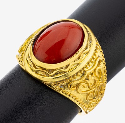 Korallen-Ring, Silber verg., ovaler Korallencabochon, RW 66, ca. 9.7 g, Versand nur innerhalb der EU