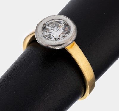 18 kt Gold Brillant-Ring, GG/WG 750/000, inWG gefasster Brillant ca. 1.0 ct Weiß/vs, RW 54, ca. 4.8 g
