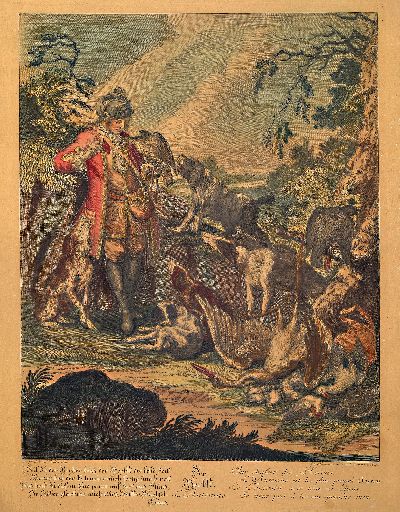 Johann Elias Ridinger, 1698 - 1767, fünf Kupferstiche, u.a. 3 Jagdszenen, Allegorien auf den Sommer, Herbst und Winter, koloriert, gebräunt, Abb. ...