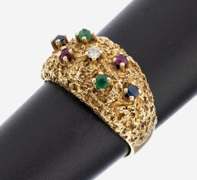 14 kt Gold Farbstein-Diamant-Ring, GG 585/000, jew. 2 rundfacett. Rubine, Saphire und Smaragde zus. ca. 0.20 ct, 1 8/8-Diamant ca. 0.01 ct Weiß/si, ...